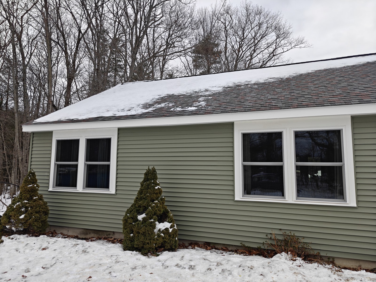 Detail of sage-green siding with white-trimmed double-hung windows