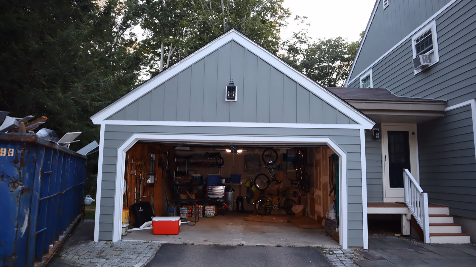 Finished board-and-batten and lap siding on a garage