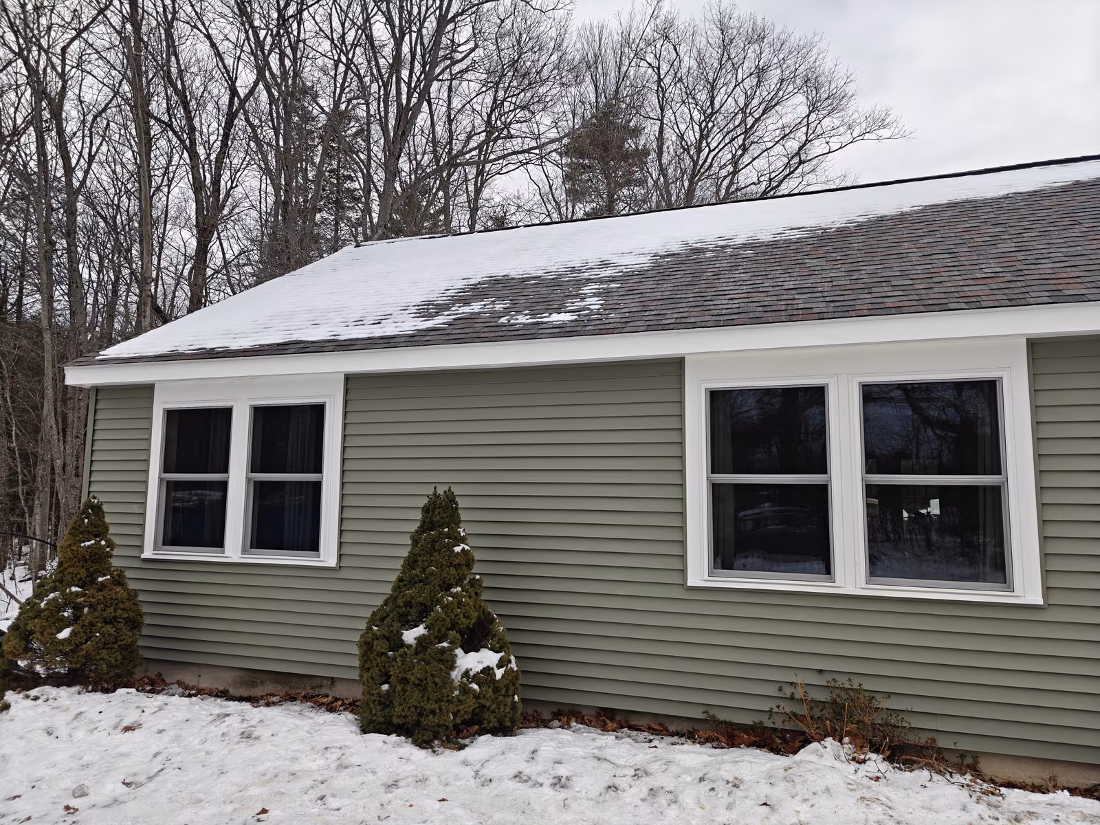 Sage green ranch house with new dark-framed double-hung windows and white trim